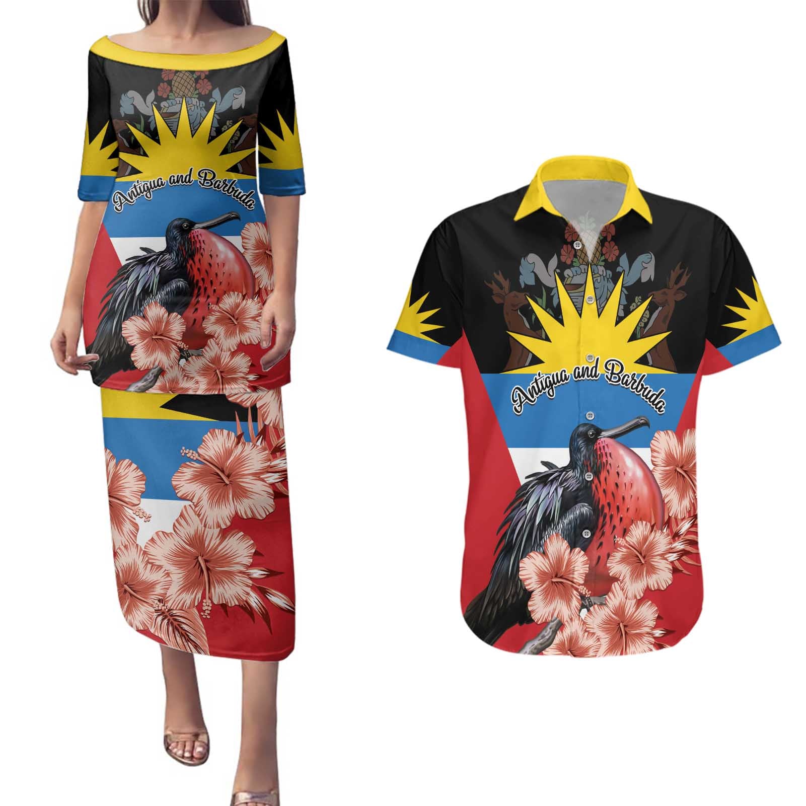 Personalized Antigua and Barbuda Couples Matching Puletasi and Hawaiian Shirt Magnificent Frigatebird Hibiscus - Wonder Print Shop