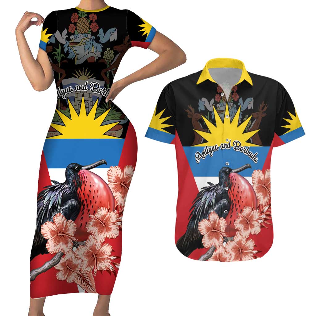 Personalized Antigua and Barbuda Couples Matching Short Sleeve Bodycon Dress and Hawaiian Shirt Magnificent Frigatebird Hibiscus - Wonder Print Shop