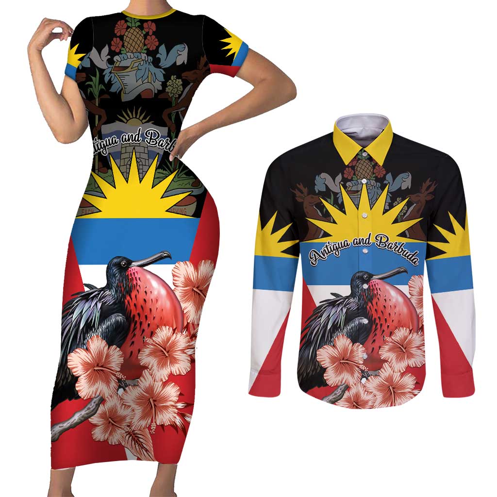 Personalized Antigua and Barbuda Couples Matching Short Sleeve Bodycon Dress and Long Sleeve Button Shirt Magnificent Frigatebird Hibiscus - Wonder Print Shop