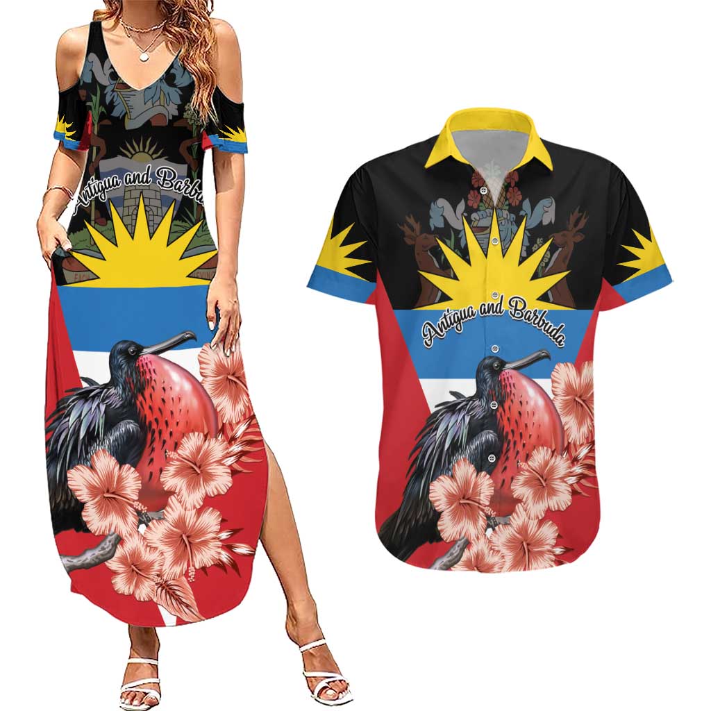 Personalized Antigua and Barbuda Couples Matching Summer Maxi Dress and Hawaiian Shirt Magnificent Frigatebird Hibiscus - Wonder Print Shop