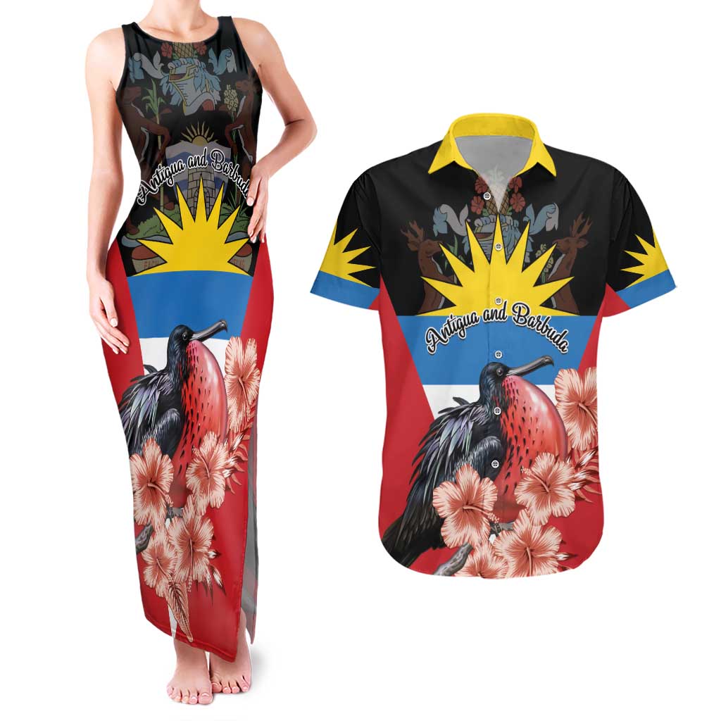 Personalized Antigua and Barbuda Couples Matching Tank Maxi Dress and Hawaiian Shirt Magnificent Frigatebird Hibiscus - Wonder Print Shop