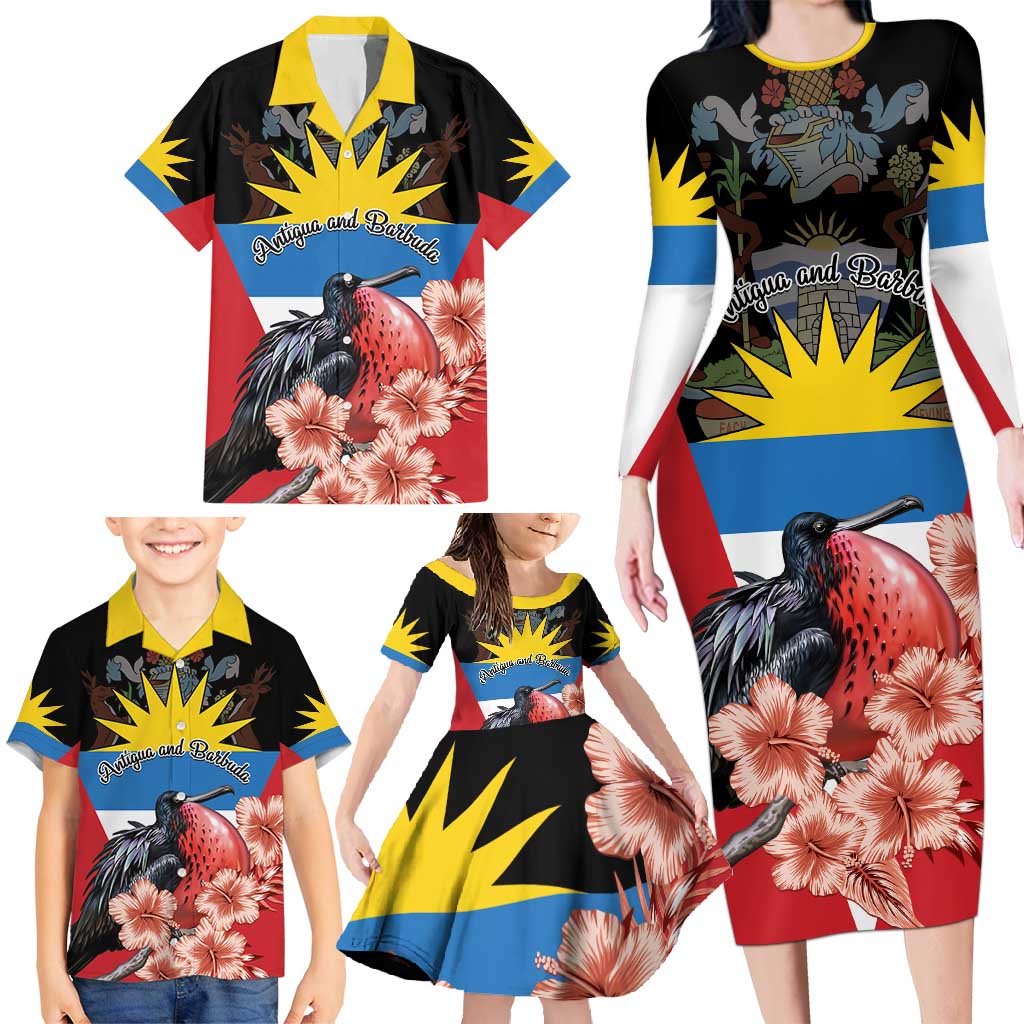 Personalized Antigua and Barbuda Family Matching Long Sleeve Bodycon Dress and Hawaiian Shirt Magnificent Frigatebird Hibiscus - Wonder Print Shop