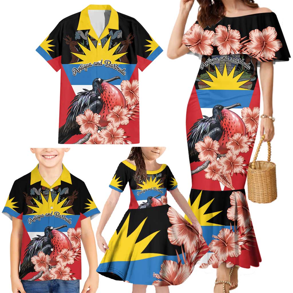 Personalized Antigua and Barbuda Family Matching Mermaid Dress and Hawaiian Shirt Magnificent Frigatebird Hibiscus - Wonder Print Shop