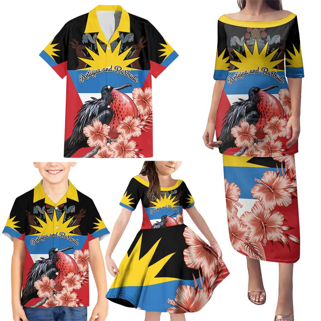 Personalized Antigua and Barbuda Family Matching Puletasi and Hawaiian Shirt Magnificent Frigatebird Hibiscus - Wonder Print Shop