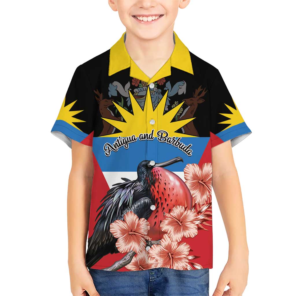 Personalized Antigua and Barbuda Kid Hawaiian Shirt Magnificent Frigatebird Hibiscus - Wonder Print Shop