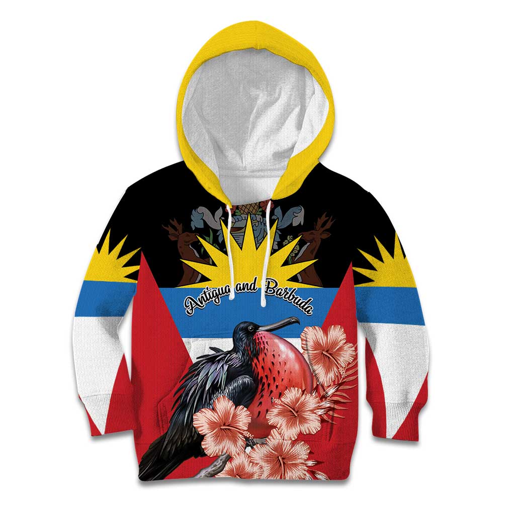 Personalized Antigua and Barbuda Kid Hoodie Magnificent Frigatebird Hibiscus - Wonder Print Shop