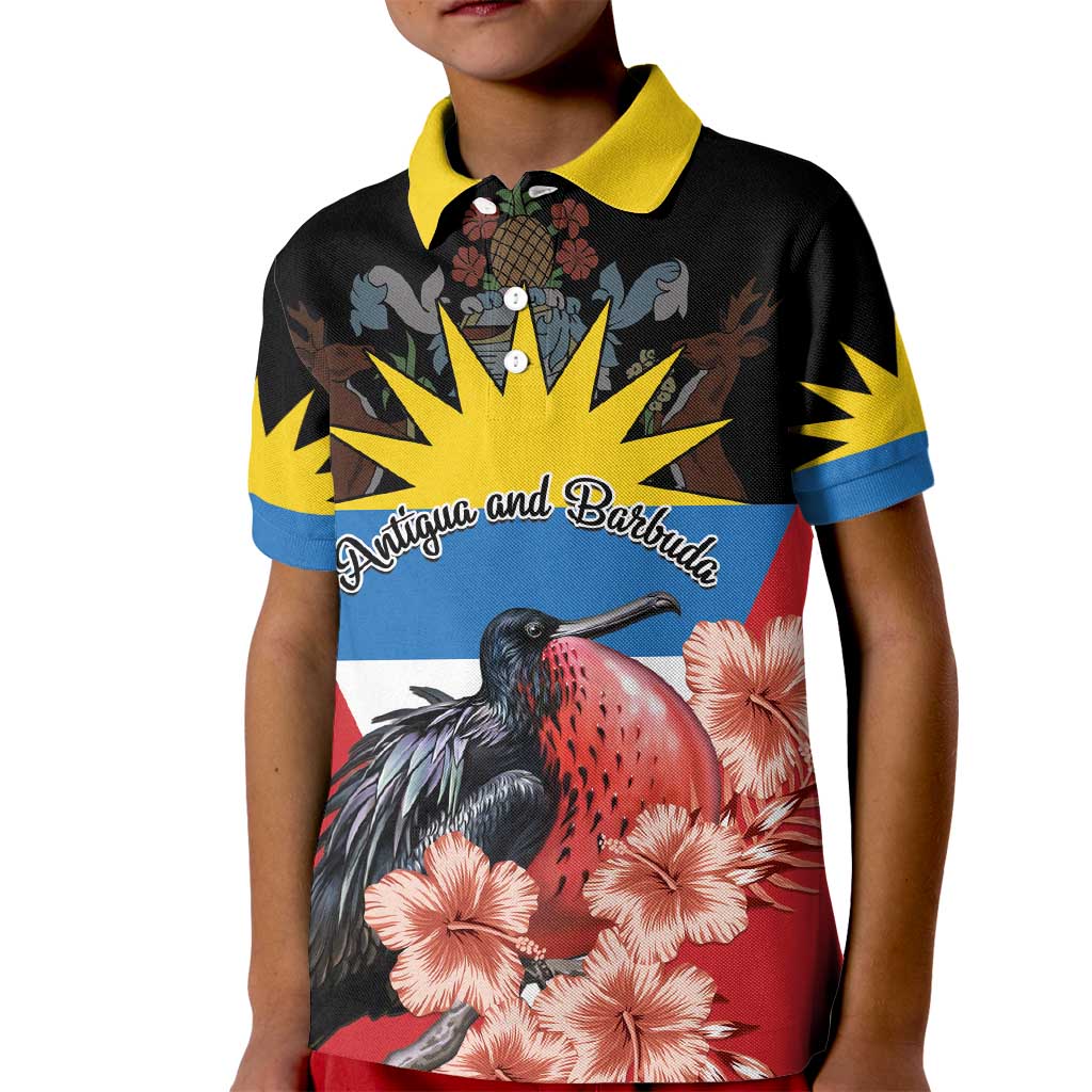 Personalized Antigua and Barbuda Kid Polo Shirt Magnificent Frigatebird Hibiscus - Wonder Print Shop