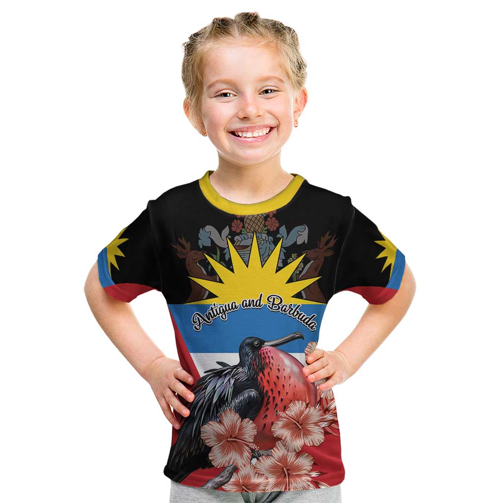 Personalized Antigua and Barbuda Kid T Shirt Magnificent Frigatebird Hibiscus - Wonder Print Shop