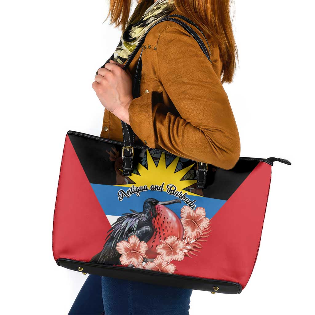 Antigua and Barbuda Leather Tote Bag Magnificent Frigatebird Hibiscus - Wonder Print Shop