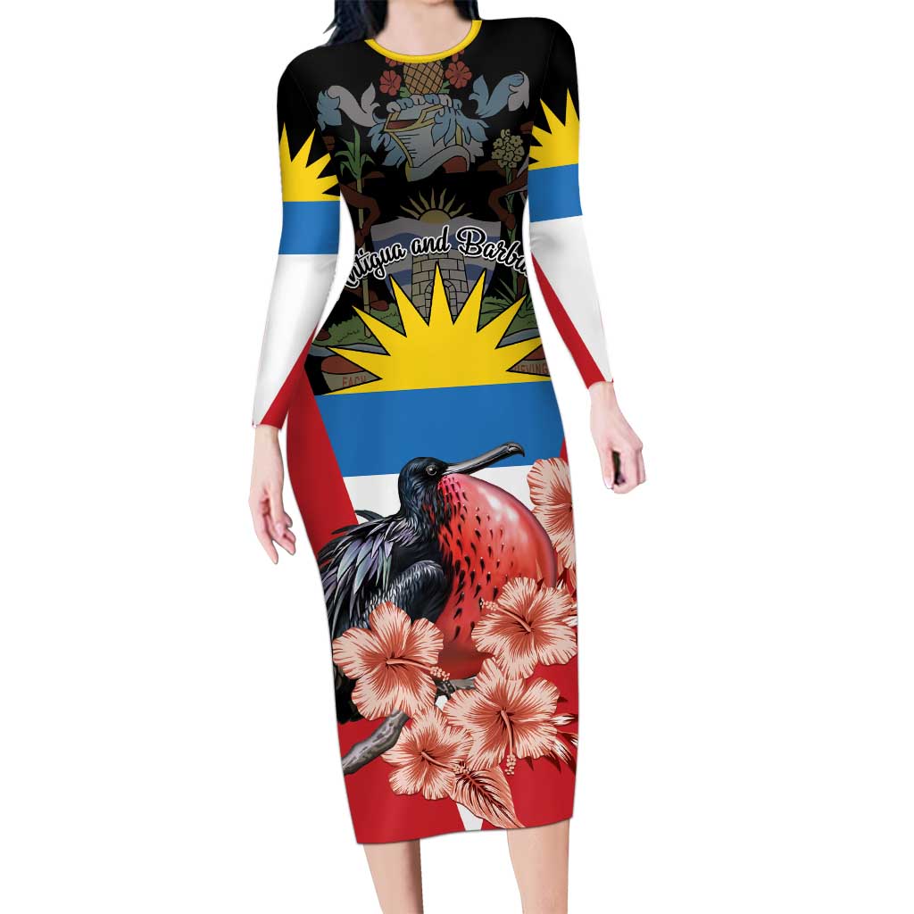 Personalized Antigua and Barbuda Long Sleeve Bodycon Dress Magnificent Frigatebird Hibiscus - Wonder Print Shop