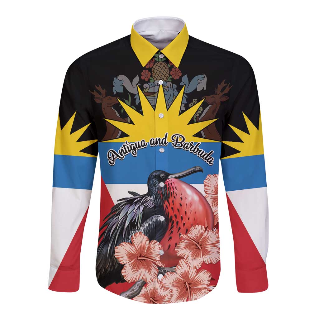 Long sleeve button shirt with yellow collar and vibrant bird floral front graphic