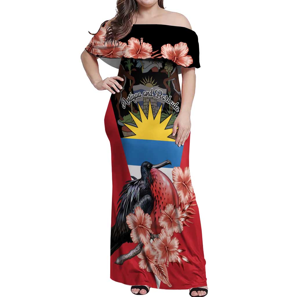 Personalized Antigua and Barbuda Off Shoulder Maxi Dress Magnificent Frigatebird Hibiscus - Wonder Print Shop