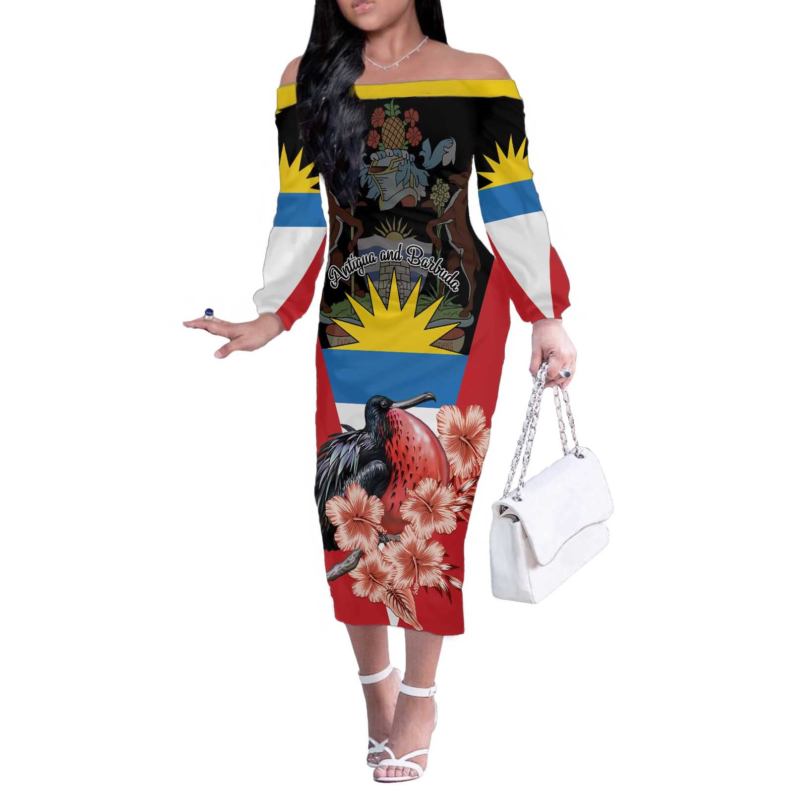 Personalized Antigua and Barbuda Off The Shoulder Long Sleeve Dress Magnificent Frigatebird Hibiscus - Wonder Print Shop