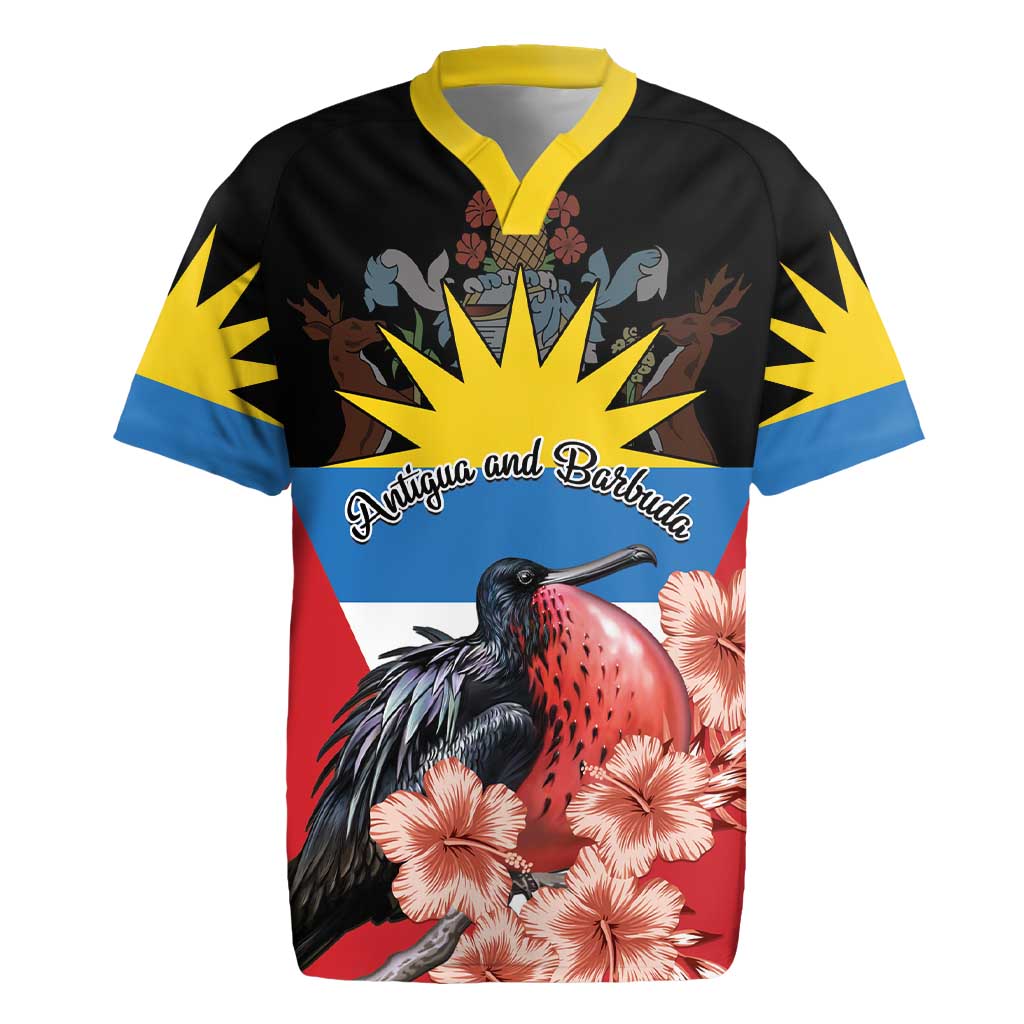 Personalized Antigua and Barbuda Rugby Jersey Magnificent Frigatebird Hibiscus - Wonder Print Shop