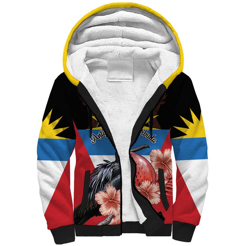 Personalized Antigua and Barbuda Sherpa Hoodie Magnificent Frigatebird Hibiscus - Wonder Print Shop