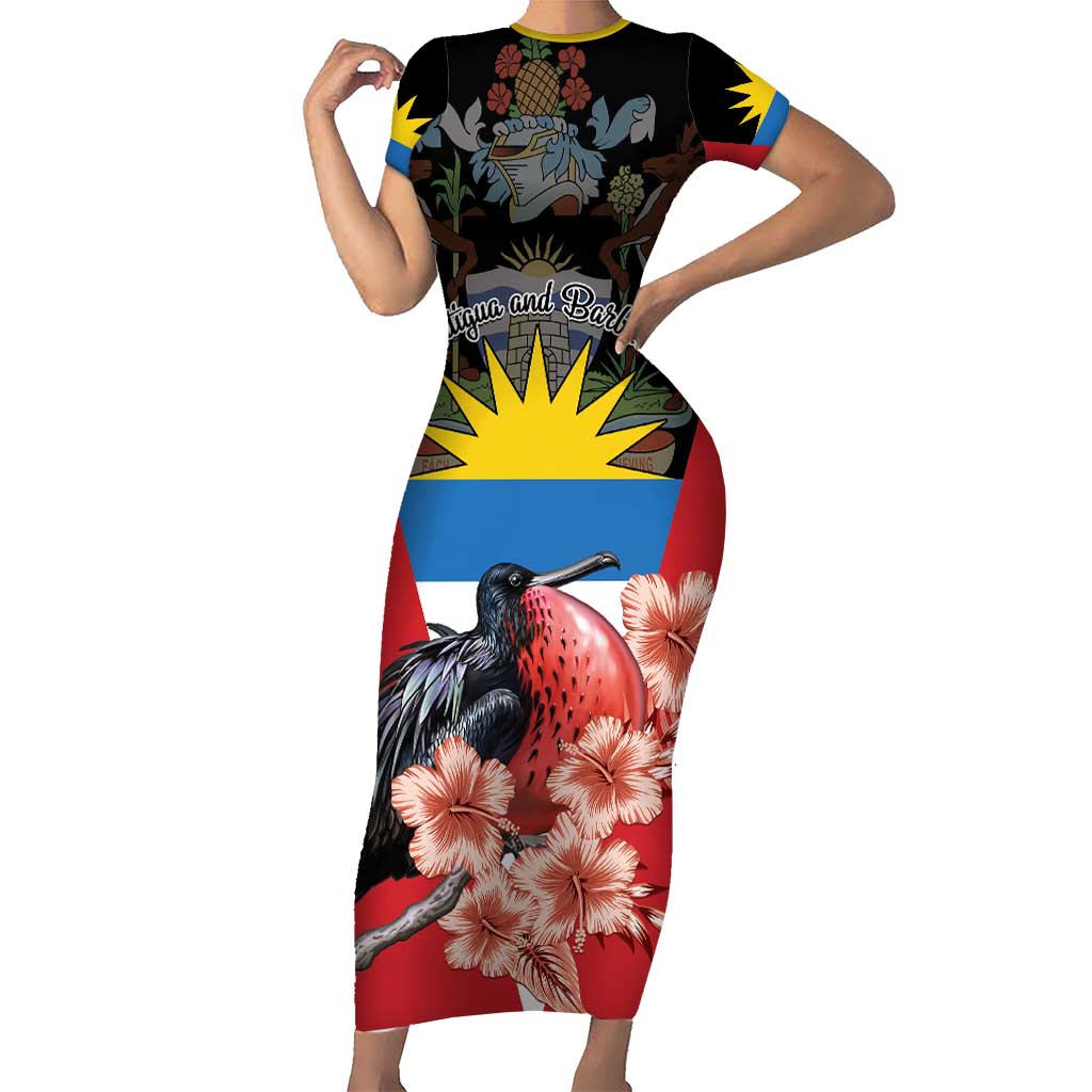 Personalized Antigua and Barbuda Short Sleeve Bodycon Dress Magnificent Frigatebird Hibiscus - Wonder Print Shop