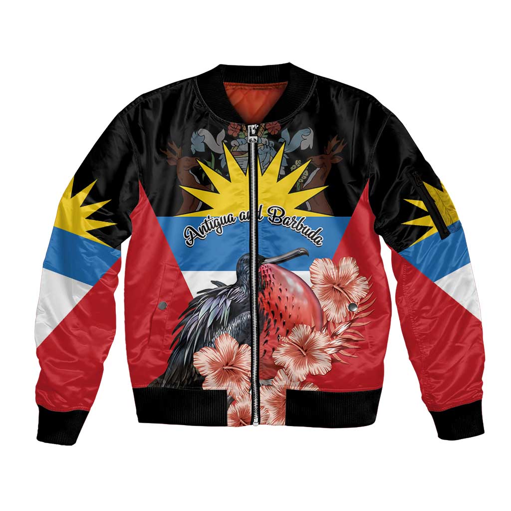 Personalized Antigua and Barbuda Sleeve Zip Bomber Jacket Magnificent Frigatebird Hibiscus - Wonder Print Shop