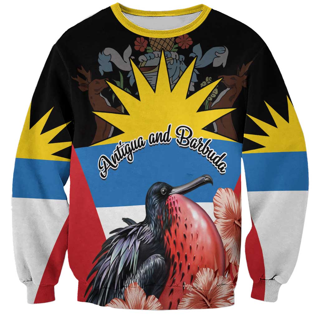 Unisex sweatshirt with colorful Antigua and Barbuda bird graphic, black yellow rib cuffs