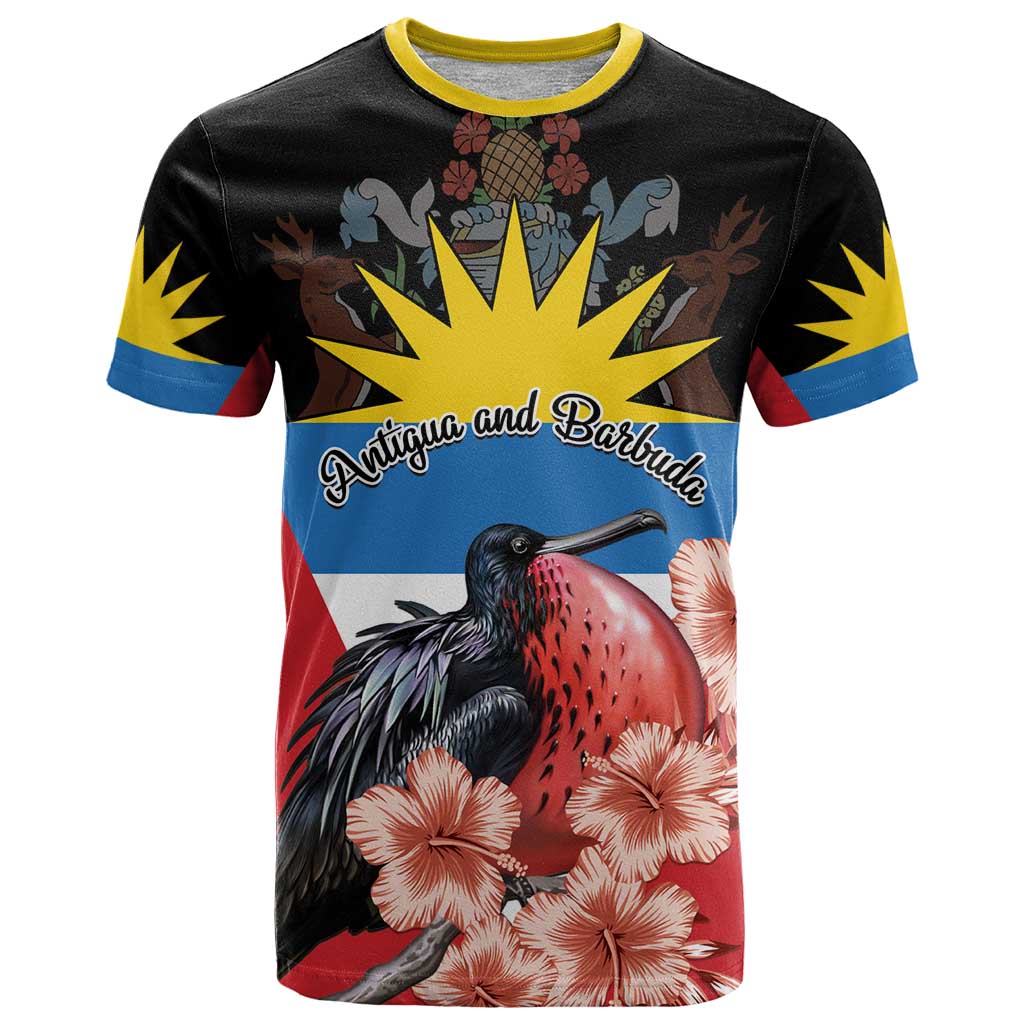 Personalized Antigua and Barbuda T Shirt Magnificent Frigatebird Hibiscus - Wonder Print Shop