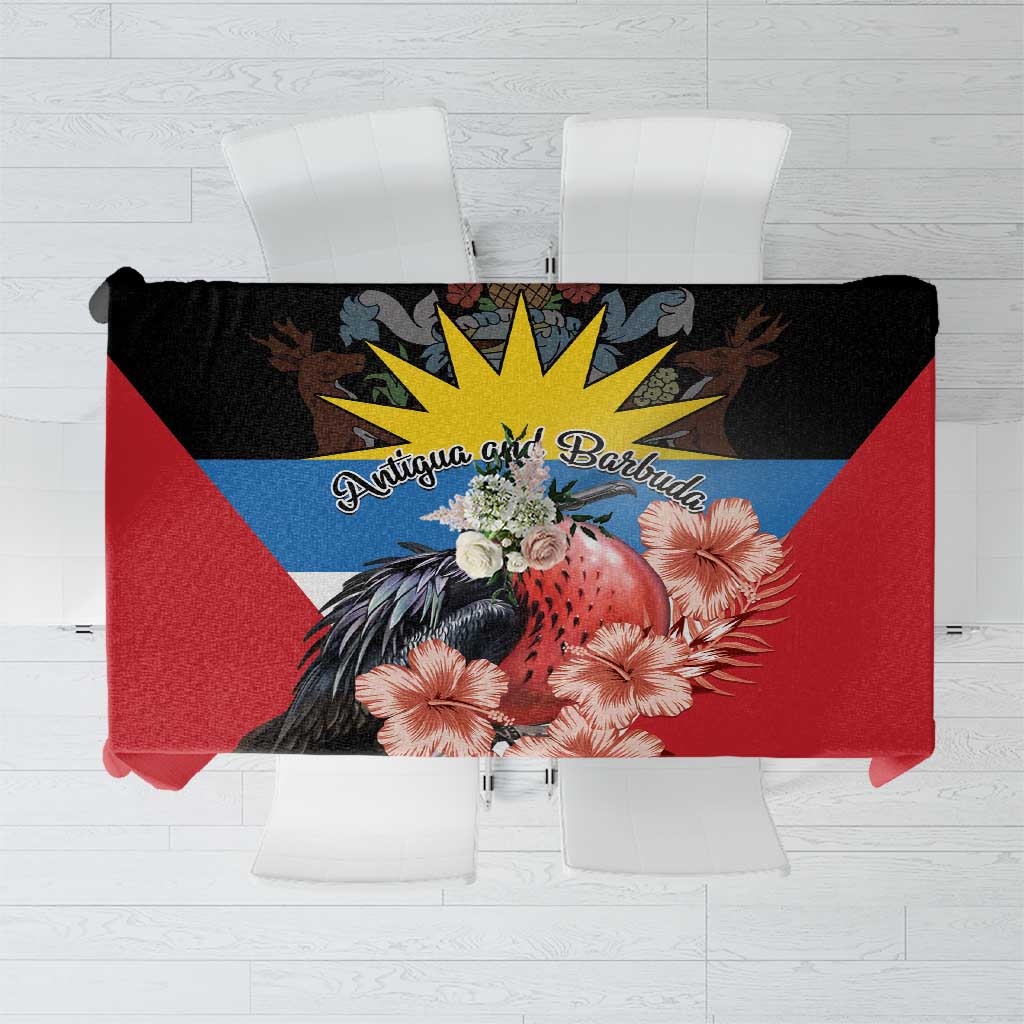 Red tablecloth with black border, frigatebird and hibiscus flower print, Antigua and Barbuda