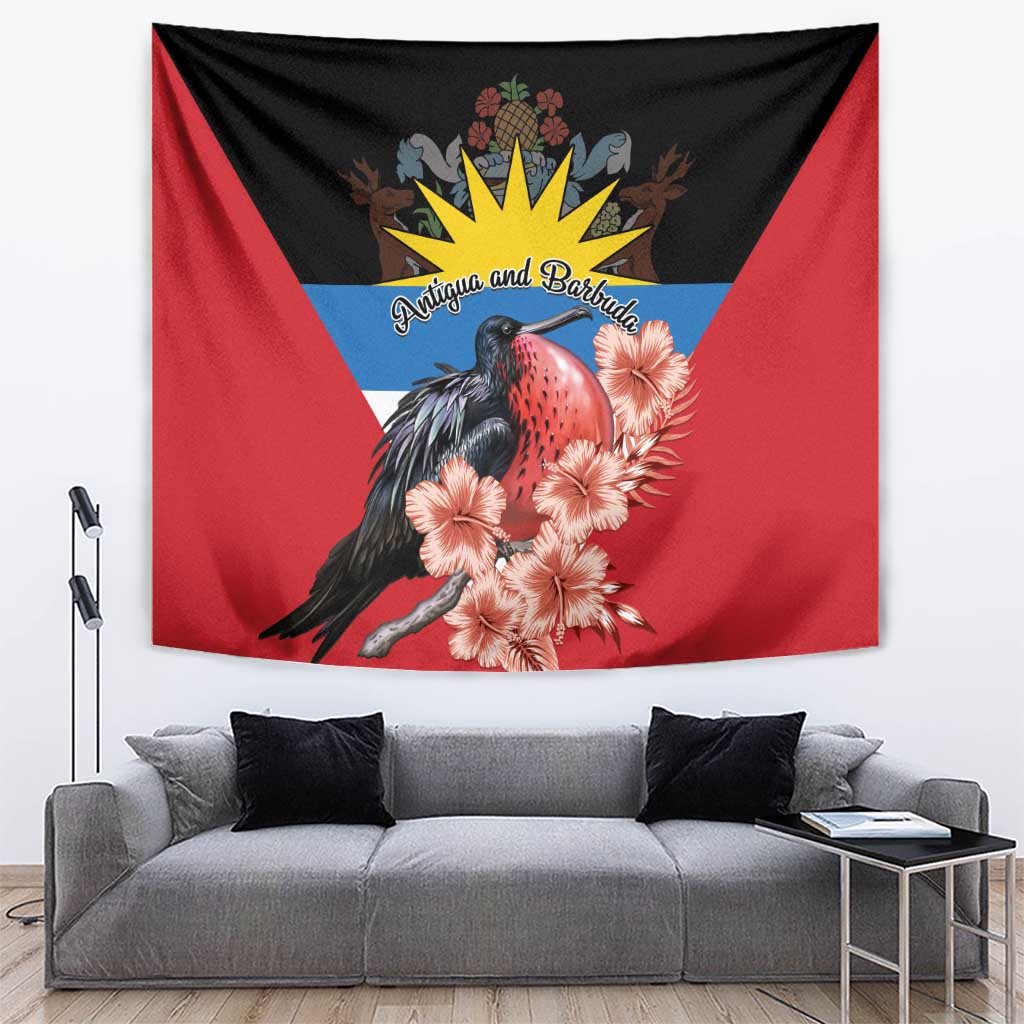 Wall tapestry with black top, red sides, blue triangle, frigatebird and pink hibiscus flowers