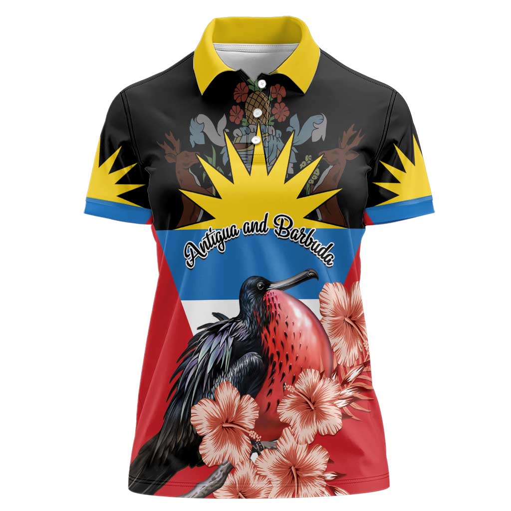 Personalized Antigua and Barbuda Women Polo Shirt Magnificent Frigatebird Hibiscus - Wonder Print Shop