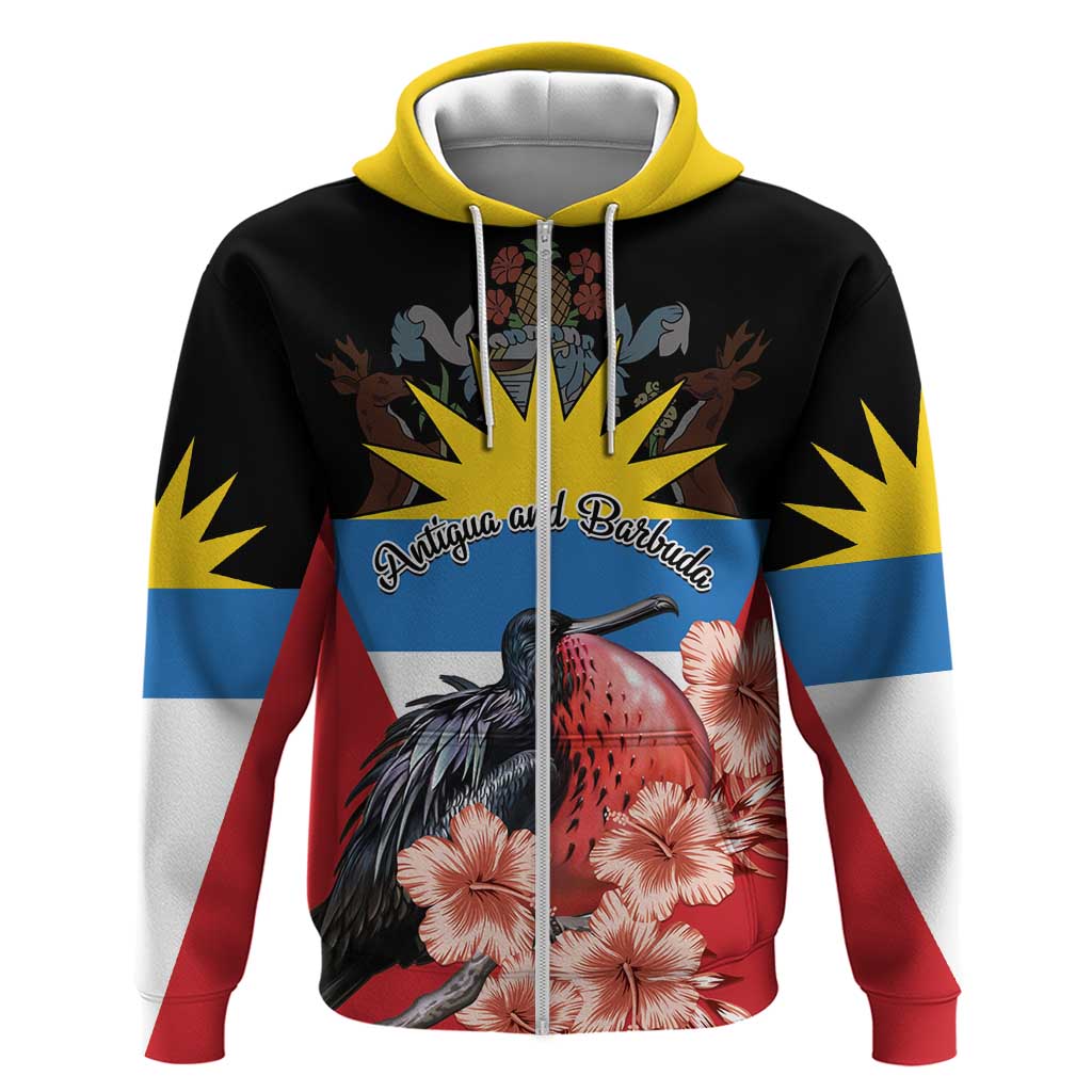 Personalized Antigua and Barbuda Zip Hoodie Magnificent Frigatebird Hibiscus - Wonder Print Shop