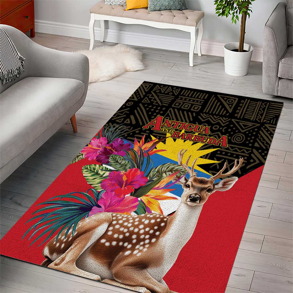Tropical deer area rug with multicolor flowers and Antigua & Barbuda text, black and red
