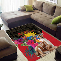 Large tropical deer area rug with red center, colorful flowers, and Antigua & Barbuda logo