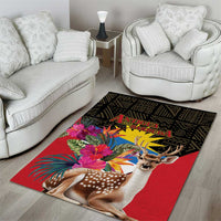 Tropical deer area rug with bright flowers and Antigua & Barbuda graphic, black border