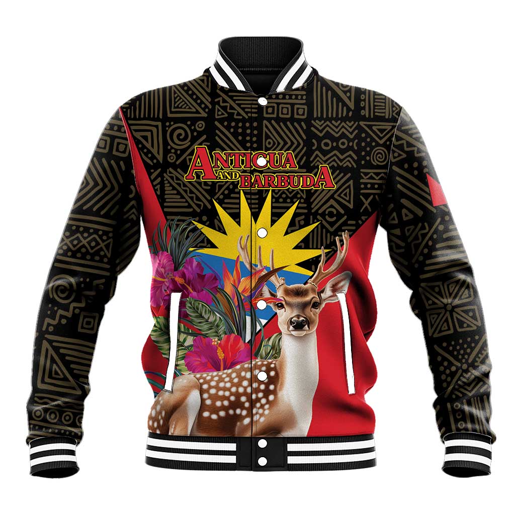Personalized baseball jacket with tropical deer print, black and red body, ribbed cuffs