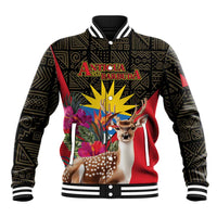 Personalized baseball jacket with tropical deer print, black and red body, ribbed cuffs
