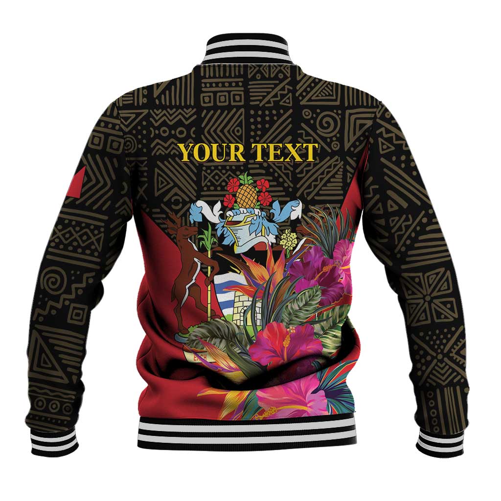 Back view baseball jacket with 'YOUR TEXT' and tropical birds, black and red trim