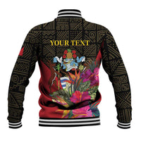 Back view baseball jacket with 'YOUR TEXT' and tropical birds, black and red trim