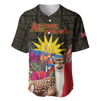 Baseball jersey in dark pattern with Antigua and Barbuda logo, deer, and tropical flowers