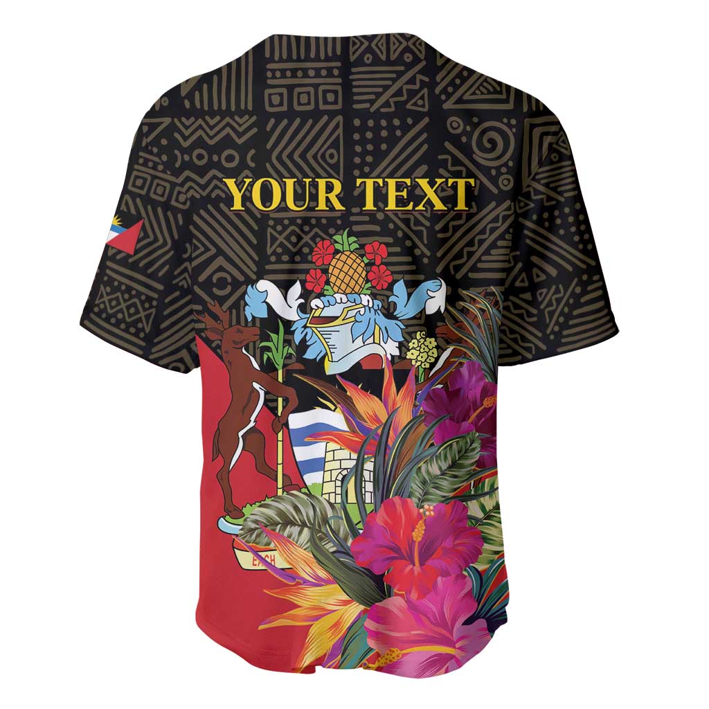 Baseball jersey with dark geometric pattern, YOUR TEXT, floral and deer artwork, button-front