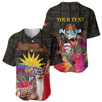 Baseball jersey pair with Antigua and Barbuda logo, deer, and tropical bouquet on dark pattern