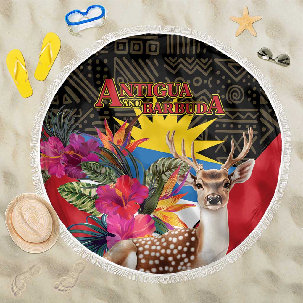 Round beach blanket with white fringe, deer and tropical flowers, Antigua and Barbuda print