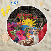 Round beach blanket with white fringe, deer and tropical flowers, Antigua and Barbuda print