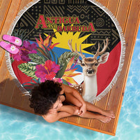 Round beach blanket with fringed edge, deer illustration and tropical florals, Antigua and Barbuda