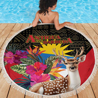 Fringed round beach blanket featuring a deer portrait, tropical leaves and flowers, Antigua and Barbuda