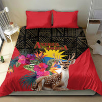 Red duvet set with two pillows; deer and tropical bouquet print with dark patterned band