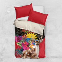 Red and dark duvet with deer and tropical flowers, with two red pillowcases