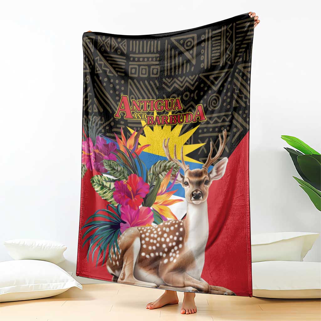 Antigua and Barbuda tropical deer print blanket, red background with deer and tropical blooms