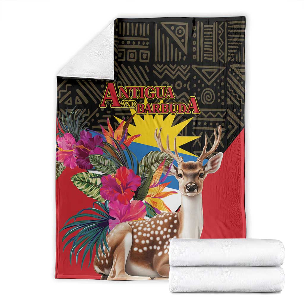 Antigua and Barbuda tropical deer print blanket laid out, red with deer and bright flowers
