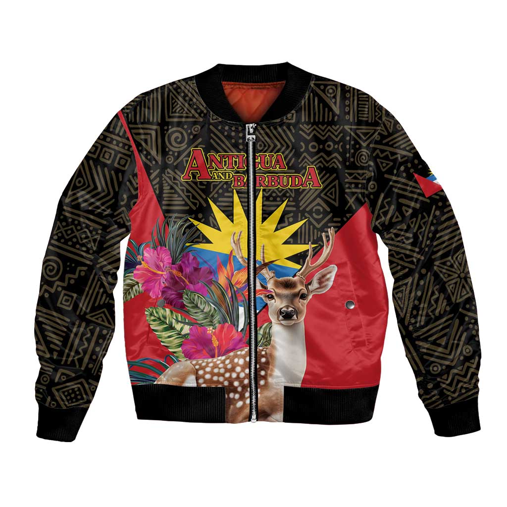 Unisex bomber jacket with black patterned sleeves, red body, front zipper, deer and flowers graphic