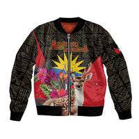 Unisex bomber jacket with black patterned sleeves, red body, front zipper, deer and flowers graphic