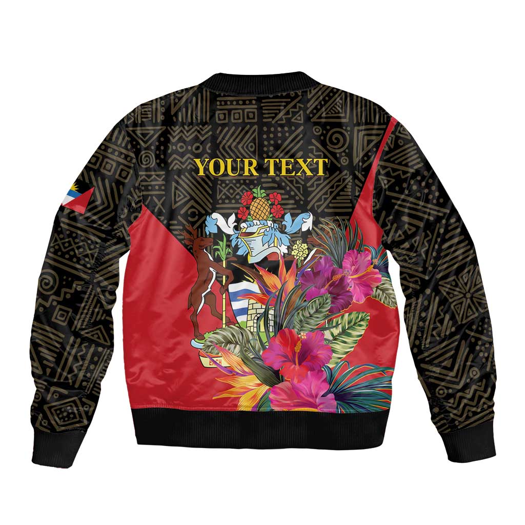 Unisex bomber jacket with black patterned back, red front panel, colorful deer and flower art