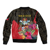 Unisex bomber jacket with black patterned back, red front panel, colorful deer and flower art