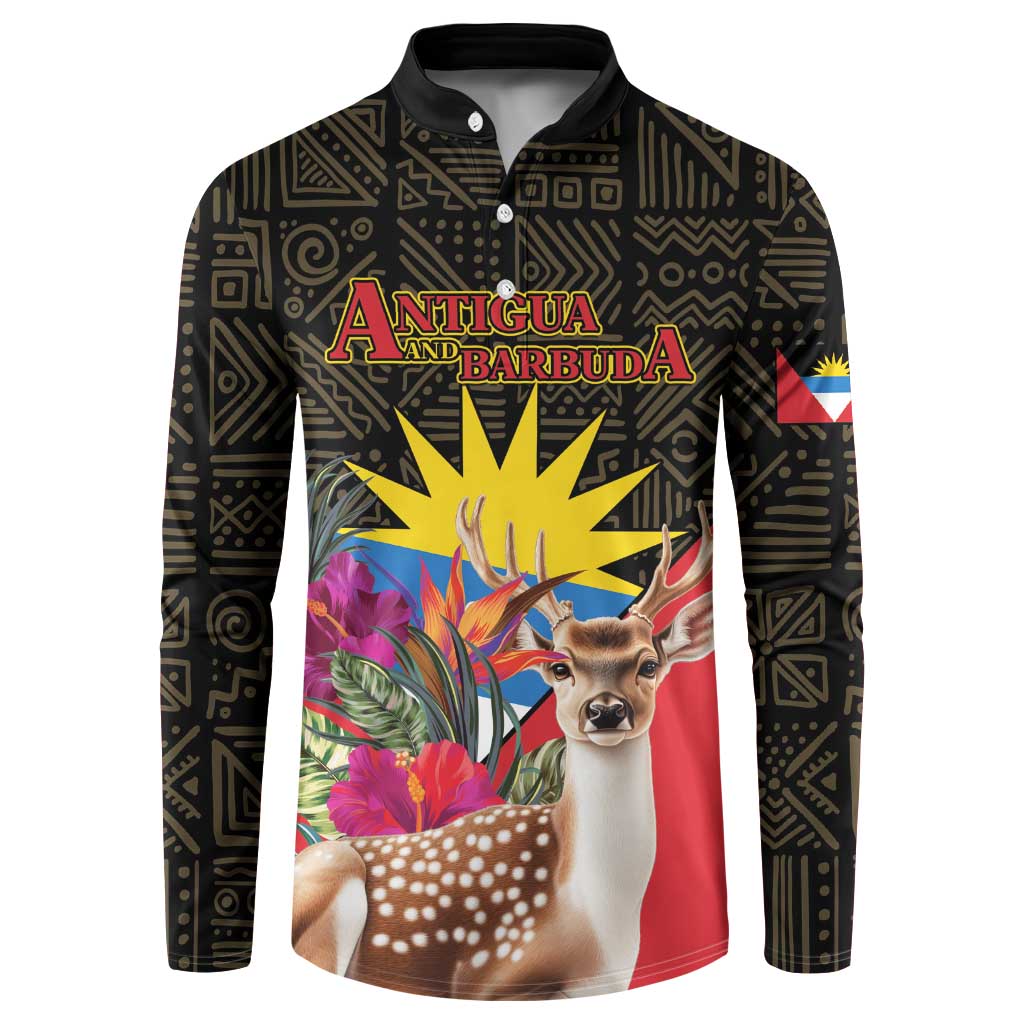 Black button-front sweatshirt with Antigua and Barbuda graphic deer and flowers